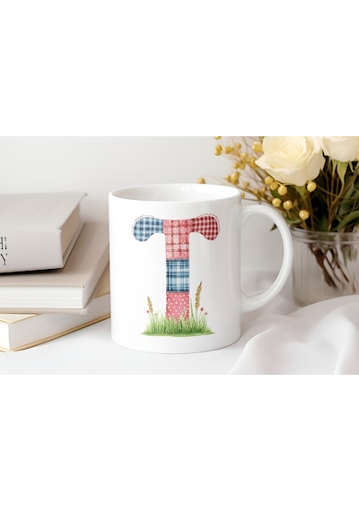 T Harfli Retro Çiçekli Kupa Bardak - Patchwork Tarz Yamalı Desenli İsme Özel Kupa - Hediye 07 Beyaz