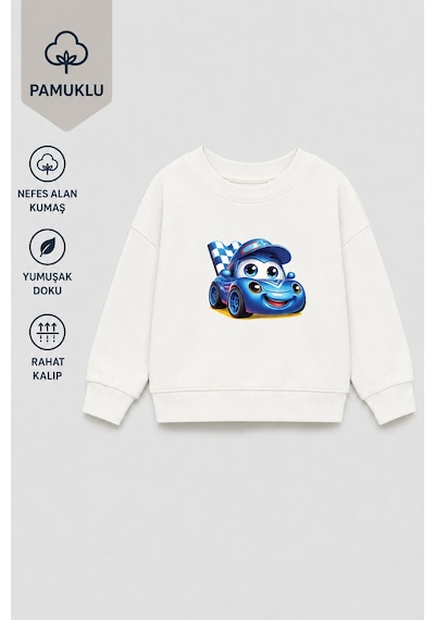 Monila Erkek Çocuk 3 İplik Kumaş Araba Baskılı Pamuklu Sweatshirt Ekru