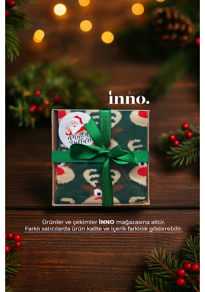 Inno Yılbaşı Desenli Noel Babalı Hediyelik Kraft Kutulu Çorap Tekli Haki