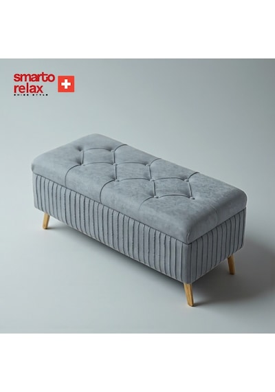 Smarto Relax Swiss Style Puf , Appenzell Kapitonesandıklı Puf, Babyface Kaplama, 100x40x45 Cm, Ahşap Ayaklı ,sandıklı Dekoratif Puf Gri