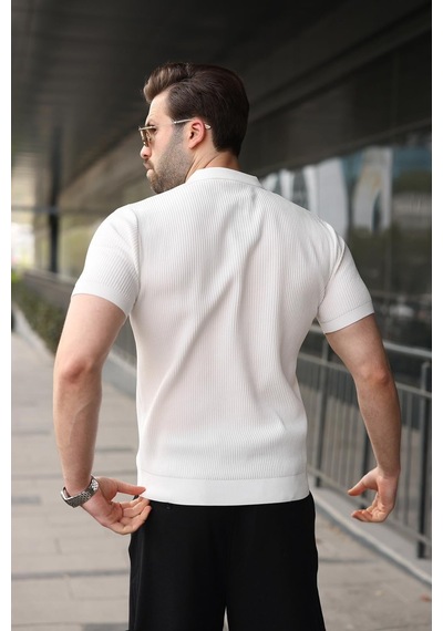 Madmext Beyaz Yarım Fermuar Detaylı Polo Yaka Triko Erkek Tişört E7492