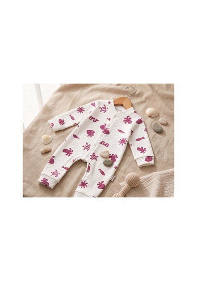 Deniva Kids Unisex Bebek %100 Pamuk Fitilli Kaşkorse Deniz Temalı Çıtçıtlı Uzun Kollu Tulum Beyaz