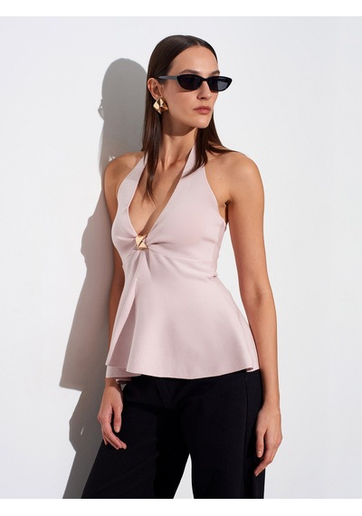 Dilvin 10787 Halter Yaka Peplum Triko Bluz-pudra