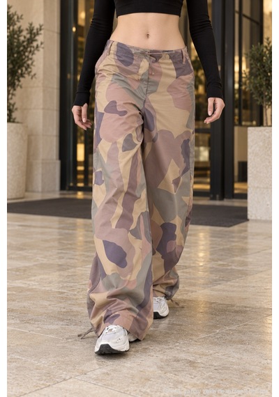 Polo State Kadın Bej Kamuflaj Desenli Bel Ve Paça Bağcıklı Bol Paça Pantolon