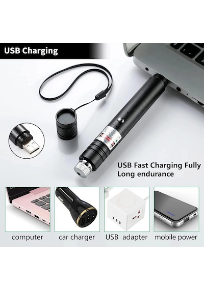 Fithome 100mw Desen Başlıklı Usb Şarjlı Yeşil Lazer Pointer Çok Renkli