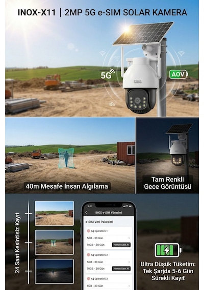 Inox-x11 2mp 4g Esım Destekli Solar Güneş Enerjili Kablosuz Dış Mekan Güvenlik Kamerası