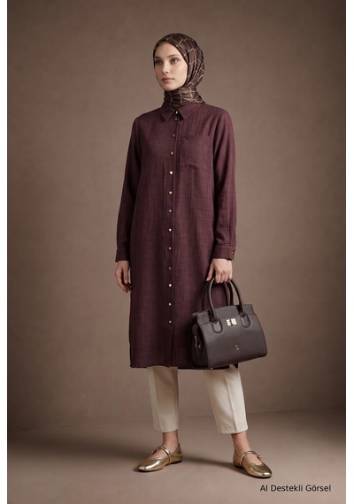 Armine Trend Boydan Düğmeli Cep Detaylı Gömlek Yaka Tunik Bordo 26kt461