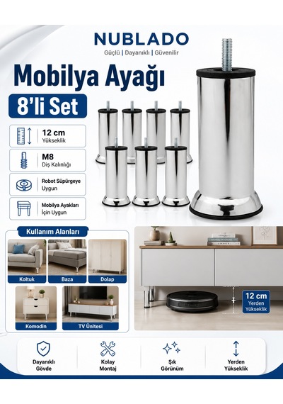 Mobilya Ayağı 8 Li Set 12 Cm M8 Krom Mobilya Ayağı Robot Süpürge Uyumlu Koltuk Baza Dolap Tv Ünitesi Gri