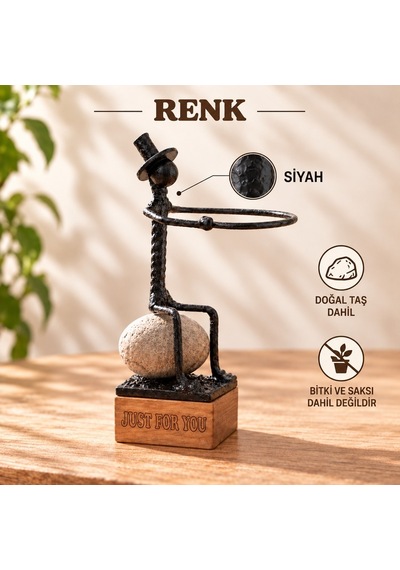 Kişiye Özel Sukulent Saksı Standı – Kayada Dinlenen Metal Heykel ve Ahşap Kaide SPH007