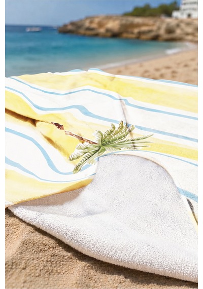 Çizgili Tropikal Palmiye Plaj Havlusu - Sarı Mavi Modern Marine Hızlı Kuruyan Mikrofiber Havlu Örtü Köpük Defne