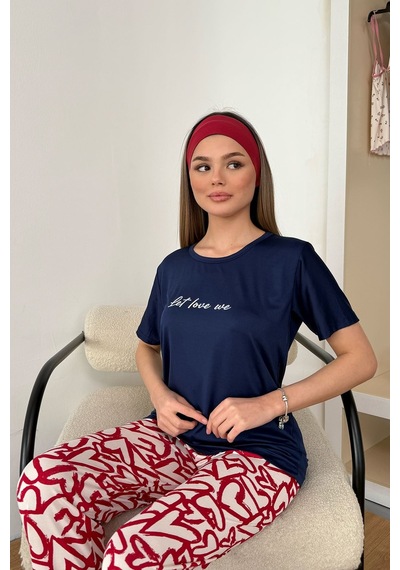 Giysa Kadın Bisiklet Yaka Desenli Kısa Kollu Pijama Takımı Lacivert - 26y 2601