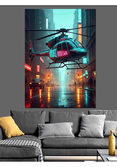 Ahşap Tablo Gece Şehri Ve Helikopter Figürü