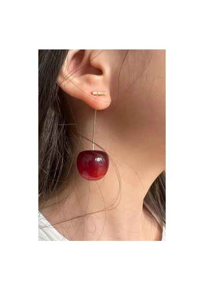 Çeri Sallantılı Kırmızı Kiraz Cherry Figürlü Gold Altın Küpe