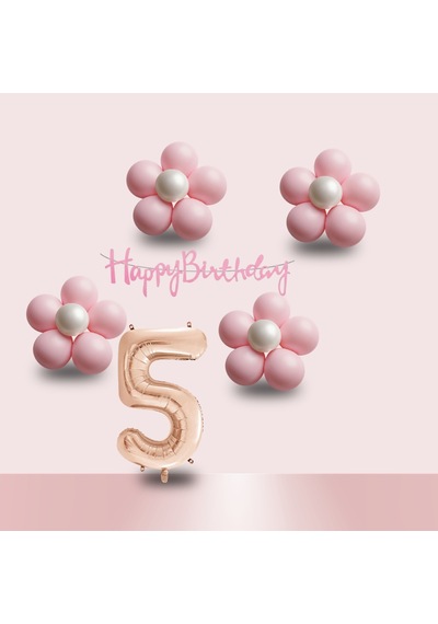 5 Yaş Pembe Papatya Temalı Rosegold Rakam Pembe Happy Birthday Banner Doğum Günü Süsleme
