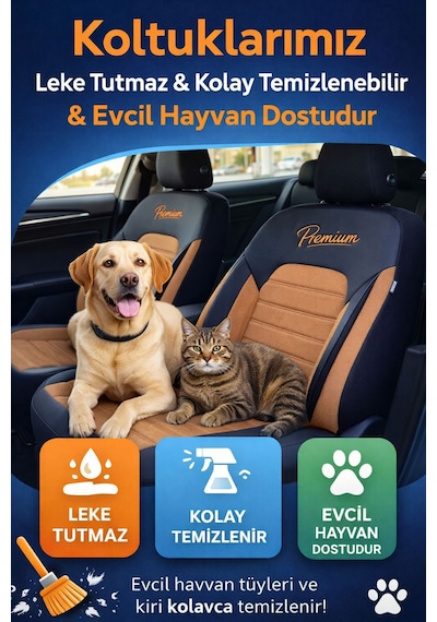 Premium Serisi Lüks Keten Üniversal Oto Koltuk Kılıfı - 5 Koltuk Tam Set Taba