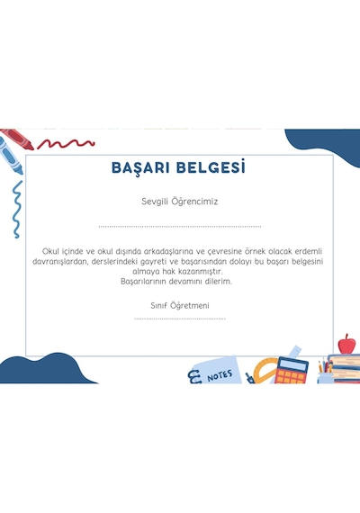 35 Adet A4 Boyutunda Öğrenci Başarı Belgesi - Anaokul - İlkokul Başarı Belgesi Model 10
