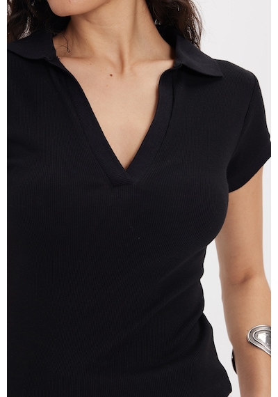 Tudors Kadın Slim Fit Dar Kesim Pamuklu Kısa Kollu Siyah Polo Yaka Tişört-50673