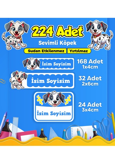 Sevimli Köpek Temalı Okul Kreş Kişiye Özel İsim Etiket Seti - Model 402 Çok Renkli