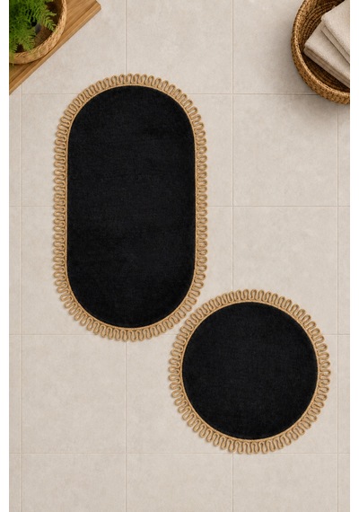 El Yapımı Bohem Banyo Paspası 2'li Peluş Kaymaz Jel Taban Yuvarlak 60x60 Cm Ve Oval 55x100 Cm Siyah Jüt Hasır