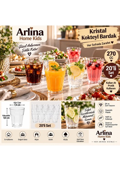 270 Cc Kristal Görünümlü Plastik Kokteyl Bardağı 20'li Beyaz