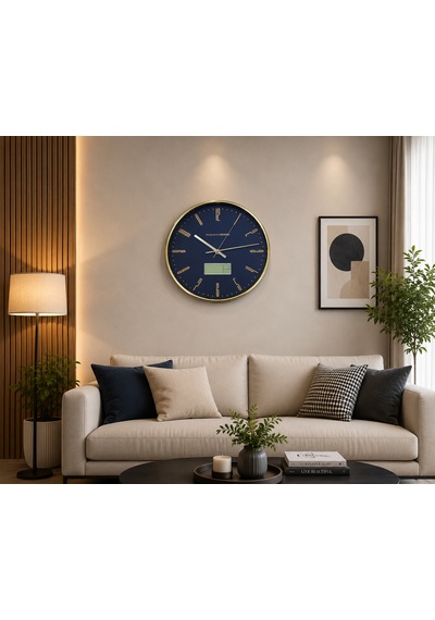 Lacivert Gold Premium Duvar Saati Dijital Göstergeli Modern Dekoratif Saati
