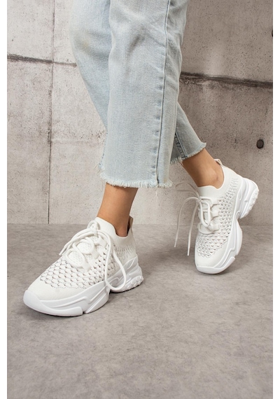 Shoetek Lorda Kadın Sneakers Bağcıklı Triko Dokumalı Spor Ayakkabı Beyaz Beyaz