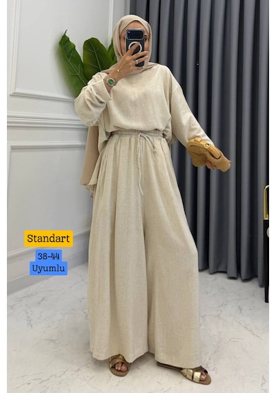 Balenbi Kadın Keten Kumaş Oversize Bluz Bol Paça Pantolon İkili Tesettür Takım 1223 Taş - Premium Seri Balenbi Kadın Keten Kumaş Oversize Bluz Bol Paça Pantolon İkili Tesettür Takım 1223 Taş - Premium Seri