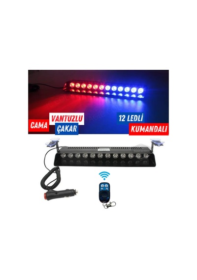 S12 Kumandalı Cam İçi Vantuzlu Polis Çakar Lamba İkaz Lambası 12 Ledli 14 Farklı Mod Kablosuz Kırmızı Mavi Çakmaklık Girişli 00 Şüscaroto Aksesuar