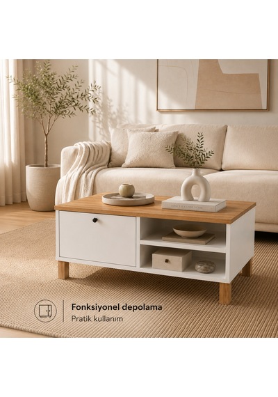The Voguemaxima Livenza Kapaklı Kayın Ahşap Ayaklı Orta Sehpa 90 60 38,6 Cm Beyaz