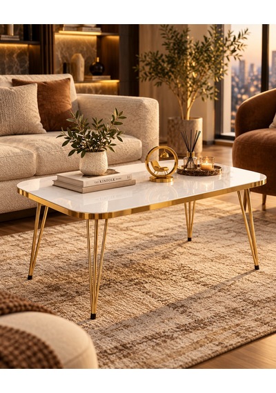 Odera Beyaz Orta Sehpa 90x50 Cm Metal Ayaklı Retro Modern Salon Sehpası Diğer