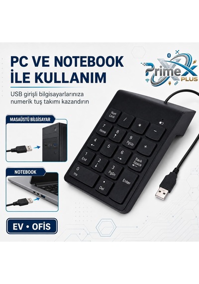 Primex Px-1864 Usb 2.0 Siyah Kablolu Numerik Klavye Keypad, Usb Sayısal Tuş Takımı, Pc Laptop Notebook İçin Kablolu Numpad, Ev Ofis Muhasebe Excel Veri Girişi Kullanımına Uygun