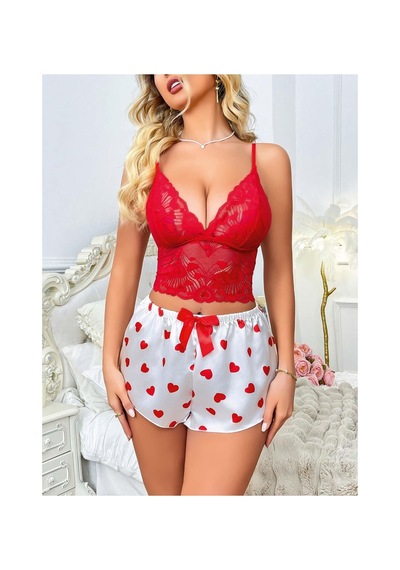 Kadın Kırmızı Kalp Desenli Şort Askılı Dantel Üst Pijama Takımı 2218 Beden: L/xl, Renk: Kırmızı Çok Renkli