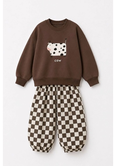 Monila Unisex Çocuk İnek Baskılı Kahverengi Sweatshirt Ve Dama Baskılı Eşofman Takım