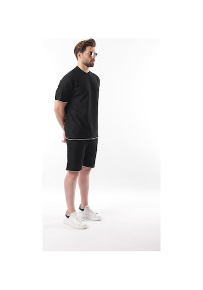 Madmext Siyah Nakış Detaylı Erkek Şort T-shirt Takım E7305 Siyah
