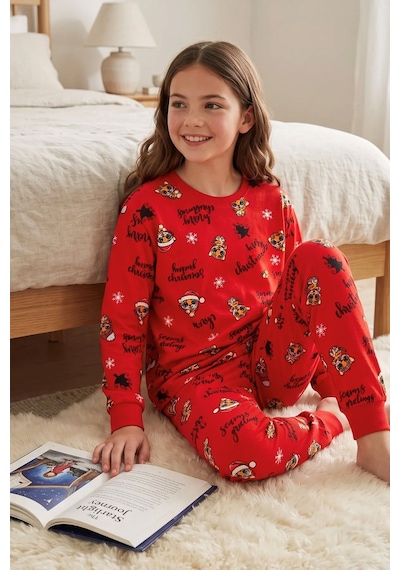 Zuzunga Kız Çocuk Yılbaşı Temalı Tiger Desenli Uzun Kollu Pijama Takımı Kırmızı