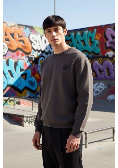 Benerly Erkek Bisiklet Yaka Düşük Kol Oversize Kalın Nakışlı Sweatshirt F Antrasit