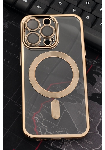 Apple Uyumlu iPhone 13 Pro Magsafe Özellikli Altın Sarı Gold Renkli Kenarlı Lazerli Şeffaf Kılıf Lens Korumalı