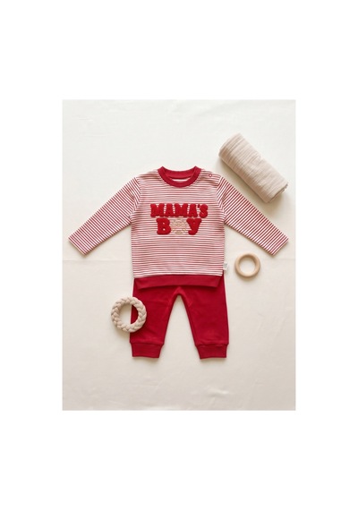 Deniva Kids Kırmızı Çizgili Mama's Boy Kabartmalı Sweatshirt Ve Eşofman Altı 2'li Bebek Takım