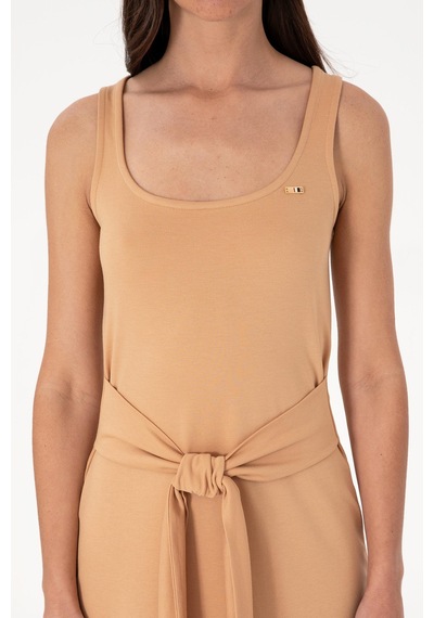 U.S. Polo Assn. Kadın Kolsuz Bisiklet Yaka Midi Boy Örme Elbise Camel