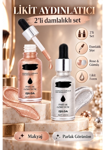 2 Li Damlalık Şişeli Likit Aydınlatıcı Highlighter Seti Çok Renkli