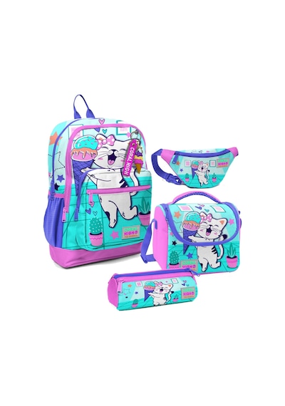 Coral High Kız Çocuk Turkuaz Pembe Dondurmalı Kedi Desenli İlkokul Okul Çanta Seti Ve Bel Çantası