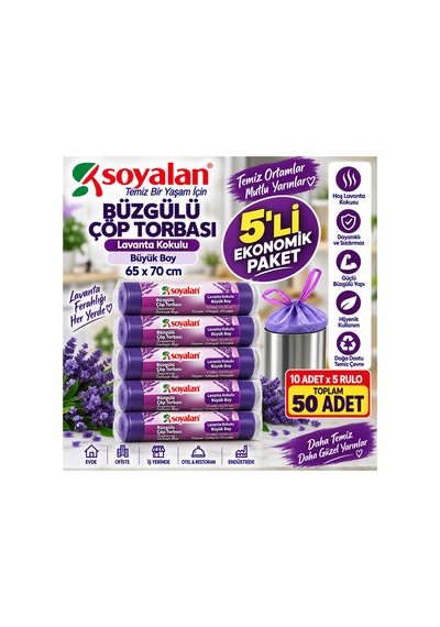 Büzgülü Çöp Torbası Lavanta Kokulu Büyük Boy 65x70 Cm 5'li Paket 50 Adet