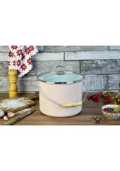İtalyan Emaye Yoğurt Tenceresi Emaye Bakraç 20cm 5,25 Lt Pembe Renkli