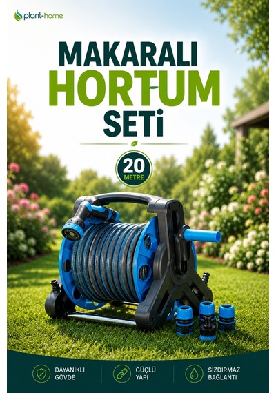 Makaralı Hortum Seti 20 Metre Bahçe Sulama Hortumu 1/2 İç Çap 5 Fonksiyonlu Sulama Tabancalı