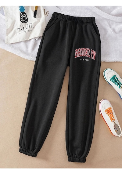 Brooklyn Eşofman Altı Jogger - Siyah Baskılı Lastik Paça Yüksel Bel Siyah
