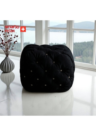Smarto Relax Swiss Style Puf Zinal Ayaksız Kapitoneli Kare 45x45 Cm Baby Face Dekoratif Kapitoneli Dekoratif Puf Siyah
