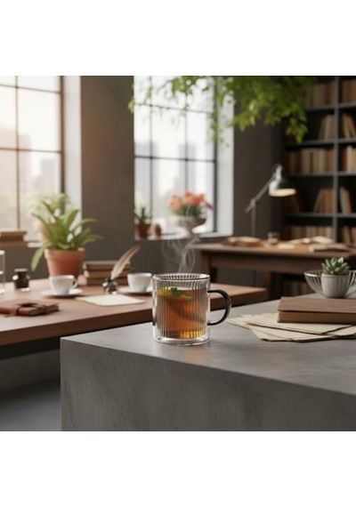 250 Ml Çift Cidarlı Borosilikat Cam Kupa - Antrasit Detaylı, Dikey Çizgili Isıya Dayanıklı Kahve Ve Çay Bardağı Aeropress