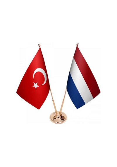 Masa Üstü Hollanda Bayrağı Türk Bayrağı İkili Pirinç Direk Masa B