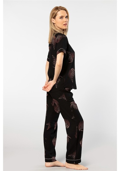 Türen 3604 Kadın Kısa Kollu Dokuma Gömlek Pijama Takım-siyah Siyah