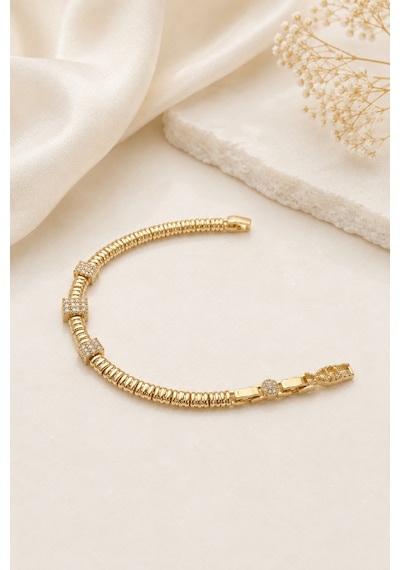 Balenbi Jewelry Kadın Üçlü Taşlı Kare Detaylı Esnek Zincir Kararmaz Çelik Bileklik 14k Gold 1143 Altın